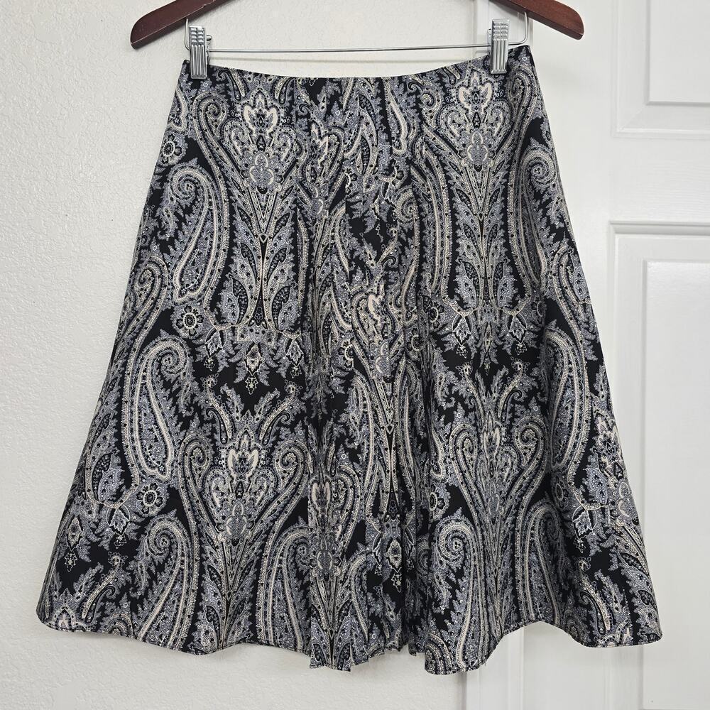 Women's  2P Silk Mini Skirt Black Paisley Print A-Line Pleated Office Waist 28"